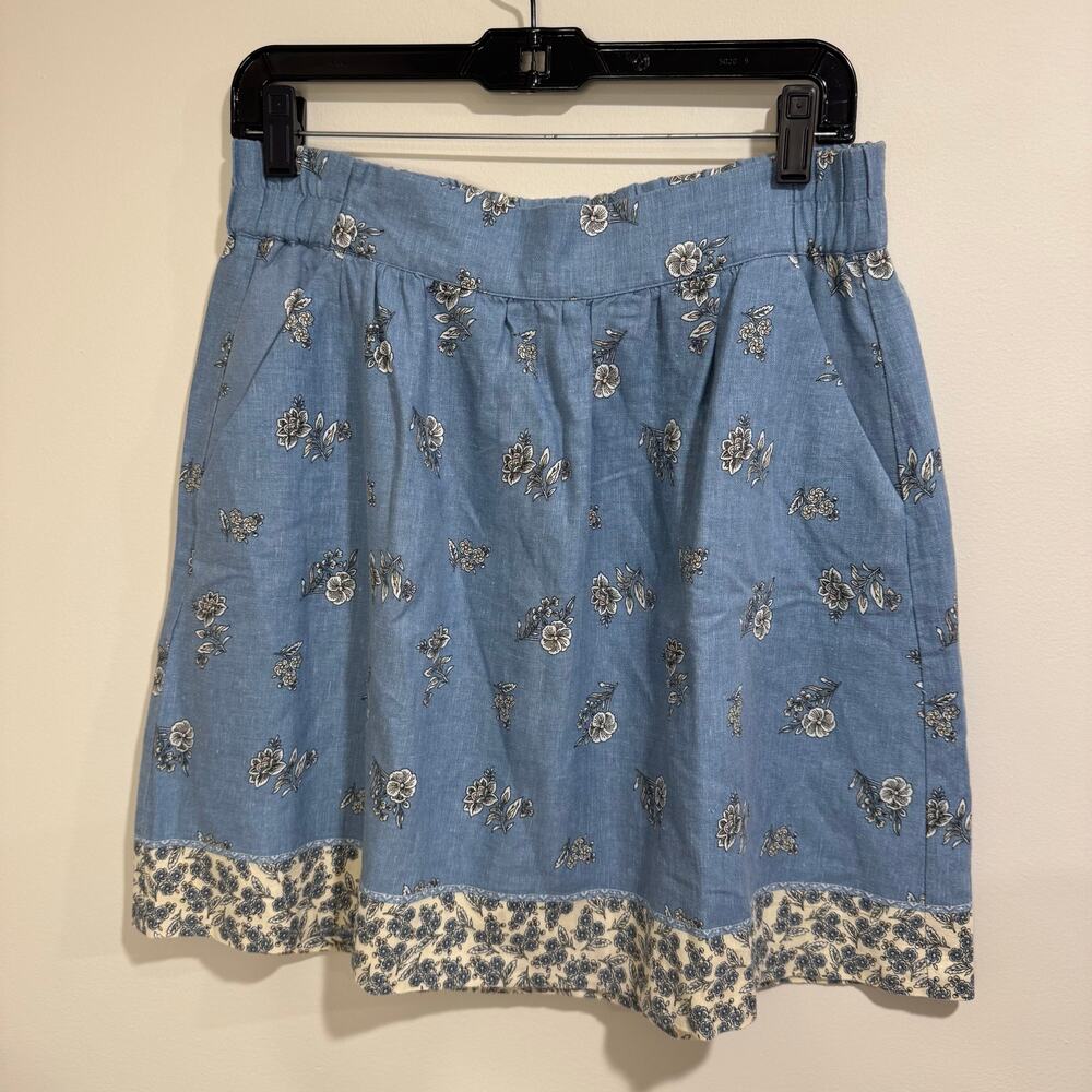 Ann Taylor LOFT Womens A Line Pull On Linen Blue Floral Skirt Size Small Pockets